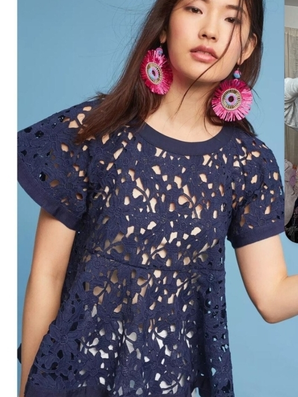 Navy Crochet Lace Short-Sleeve Women's Blouse